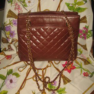 ❤️LOUISE FONTAINE CHOCOLATE BROWN QUILTED LEATHER 4 COMPARTMENT CHAIN BAG PURSE